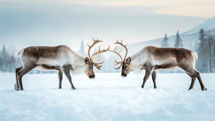 Two Reindeer Facing Off Each Other in Snowy Winter Landscape