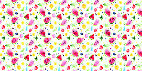 Refreshing watercolor fruit pattern with summer berries and lemons.