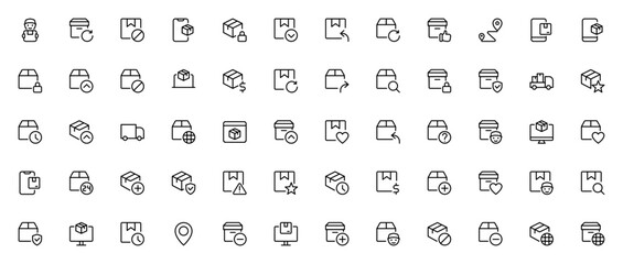Delivery icon set. Minimal line vector icons pack. Faturing delivery boy, packge, truck, secure, status,location, worldwide, shoppng, arrows and more. Editale stroke.