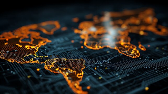 circuit-board overlay on world map, glowing electronic lines, fintech global technology, neon cyber aesthetic,