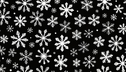A pattern of white doodle snowflakes on a solid black background. This high-contrast winter design has a whimsical, festive look perfect for holiday and seasonal projects.
