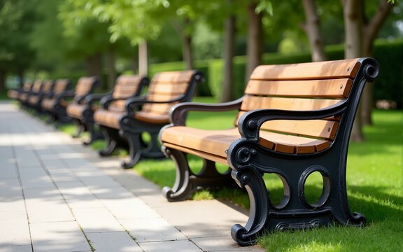 Row of wooden park benches for seating in outdoor public spaces. High quality