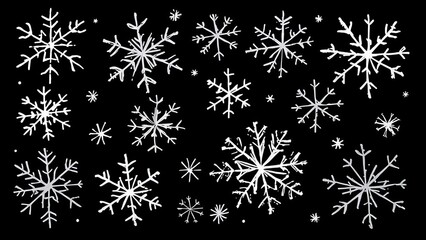 A pattern of white doodle snowflakes on a solid black background. This high-contrast winter design has a whimsical, festive look perfect for holiday and seasonal projects.
