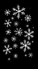A pattern of white doodle snowflakes on a solid black background. This high-contrast winter design has a whimsical, festive look perfect for holiday and seasonal projects.
