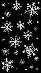 A pattern of white doodle snowflakes on a solid black background. This high-contrast winter design has a whimsical, festive look perfect for holiday and seasonal projects.