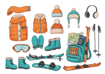 Collection of winter sports equipment and warm clothing items for skiing and snowboarding, including a puffy vest, beanie, earmuffs, goggles, boots, backpack, map, skis, snowboard, and poles, isolated
