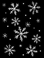 A pattern of white doodle snowflakes on a solid black background. This high-contrast winter design has a whimsical, festive look perfect for holiday and seasonal projects.