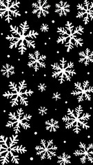 A pattern of white doodle snowflakes on a solid black background. This high-contrast winter design has a whimsical, festive look perfect for holiday and seasonal projects.