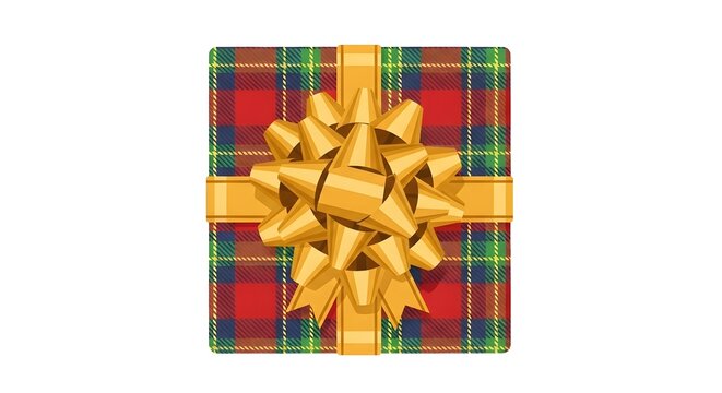 A festive gift box wrapped in red and green plaid paper with a shiny golden bow on top, viewed from above.