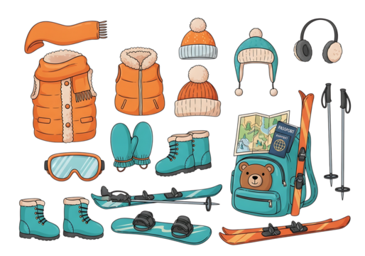 Collection of winter sports equipment and warm clothing items for skiing and snowboarding, including a puffy vest, beanie, earmuffs, goggles, boots, backpack, map, skis, snowboard, and poles, isolated - Powered by Adobe