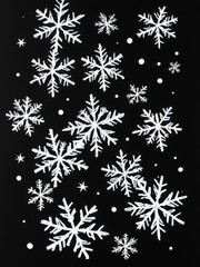 A pattern of white doodle snowflakes on a solid black background. This high-contrast winter design has a whimsical, festive look perfect for holiday and seasonal projects.