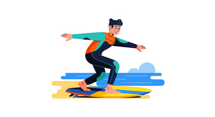 Obraz premium Illustrated Surfer Enjoying The Waves and The Sun on His Surfboard Against Black Background