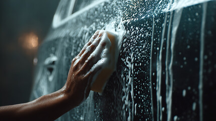 A person's hand is holding a sponge while washing a car