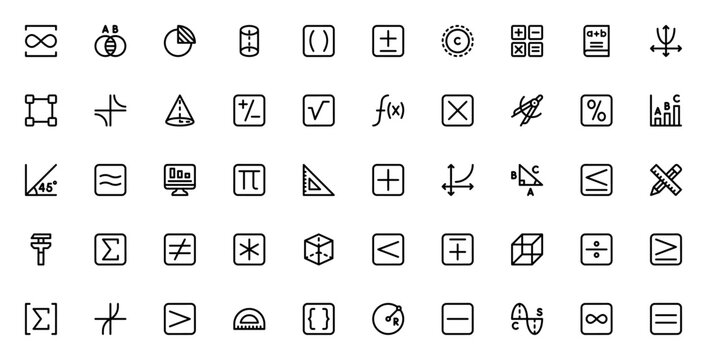 Maths icon set. Vector illustration. Includes symbol for calculator, pie chart square root, infinity, fuction, graph, geometry, alebra and more.
