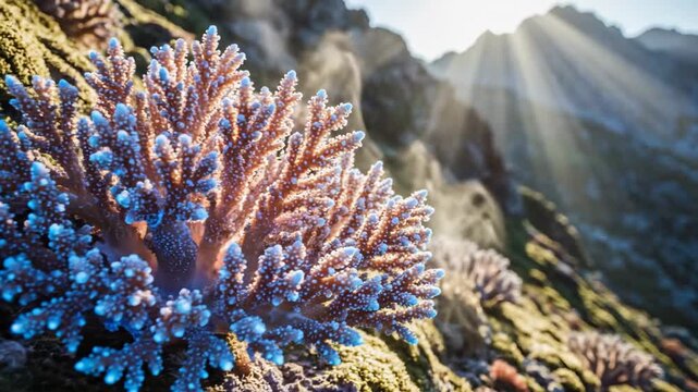 Beautiful coral reef with sunlight shining through the mountains.