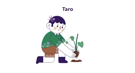 Fototapeta premium Illustration Of A Person Planting A Seedling, Showcasing Nature And Growth With The Taro Plant