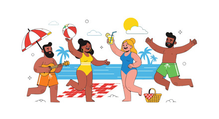 Illustration Of Friends Having Fun At The Beach With Recreational Activities
