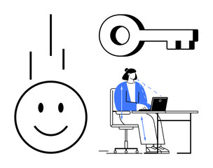 Cybersecurity concept. Cybersecurity symbols a key, smiling face, and a woman working on a laptop. Cybersecurity highlights online data protection and digital safety. Ideal for technology, online