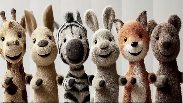 Adorable Plush Animal Friends Standing Together in a Row Smiling.