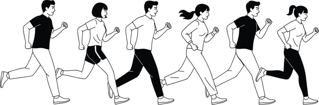 Illustration of diverse group of people running together, symbolizing fitness, health, and community activity - Powered by Adobe