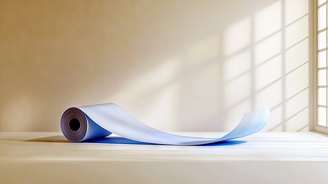 A light blue paper scroll is unrolled across a light-colored wooden floor, with soft sunlight casting grid patterns on the wall and floor.