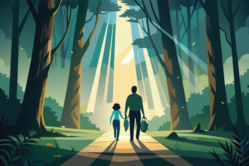Father and child bonding on stunning forest trail walk with sunbeams, creating lasting memories together in nature's embrace during a peaceful day