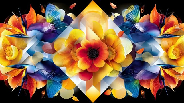 A symmetrical composition of colorful exotic flowers, stylized butterfly wings, and geometric shapes on a black background. - Powered by Adobe