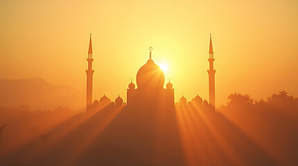 Golden Sunrise Silhouette: Mosque with Sunburst Rays and Misty Landscape