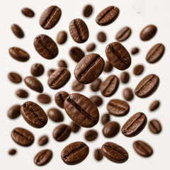 Roasted coffee beans explosion flying in air isolated on white