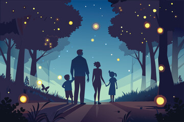 Family enjoying magical evening walk in forest with glowing lights, creating memories and fostering connection in nature's embrace under starry sky