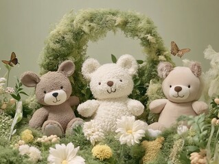 Charming Teddy Bears Gathering Amidst Lush Greenery and Delicate Flowers