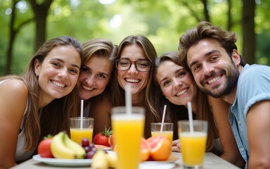 A group of five friends gathers around a table covered with fresh fruits and drinks. They smile joyfully as they take a selfie together in a vibrant, green park during a sunny day. High quality