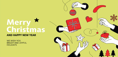 Vibrant holiday illustration featuring hands exchanging festive gifts, sparkling ornaments, and winter decorations, perfect for spreading Christmas and New Year cheer