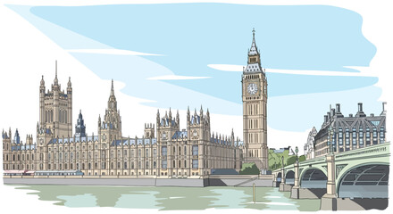 Fototapeta premium hand-drawn illustration of london houses of parliament and big ben along river thames iconic british architecture in westminster.