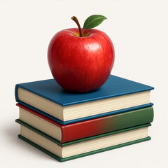 Stack of colorful books with red apple on top isolated on white