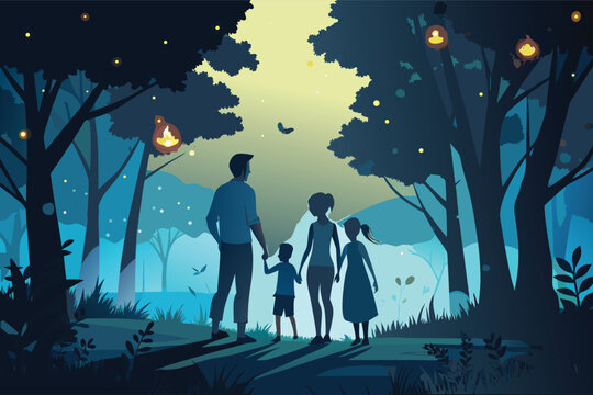 Family enjoys enchanting evening walk through a magical forest with glowing lanterns and fireflies, creating a beautiful and unforgettable memory together
