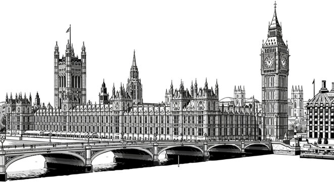 hand-drawn london houses of parliament big ben and westminster bridge iconic british landmark illustration over the historic river thames.