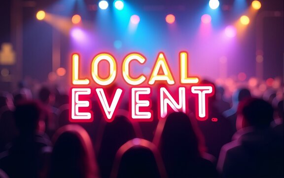 Local event advertisement banner featuring vibrant design, engaging text, blurred crowd creating an energetic atmosphere. High quality