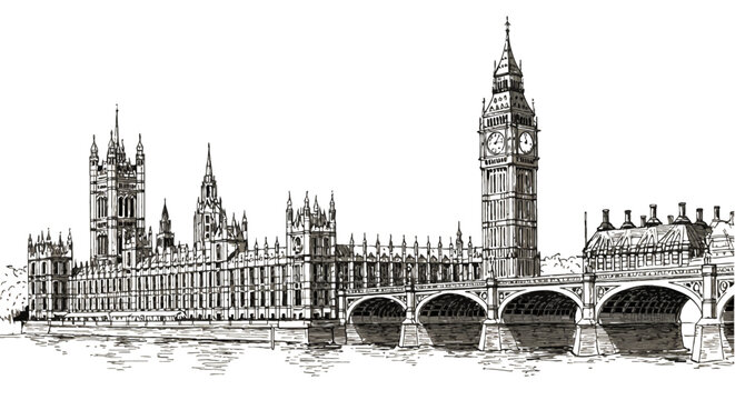 iconic london houses of parliament and big ben architectural sketch illustration a historic british landmark on the river thames.