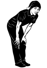 Fototapeta premium Young person in a beanie hat bending forward with hands on knees.