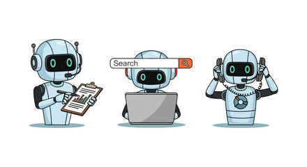 light blue cartoon ai robots illustrating various business functions data analysis internet search and dedicated customer support services.