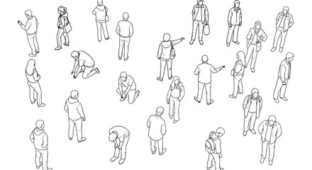 line art human figures in diverse isometric poses a top-down collection perfect for architectural floor plans and graphic design.
