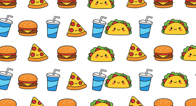 kawaii seamless fast food pattern featuring happy burgers pizza soda and tacos a cheerful background for kids menus branding textiles.