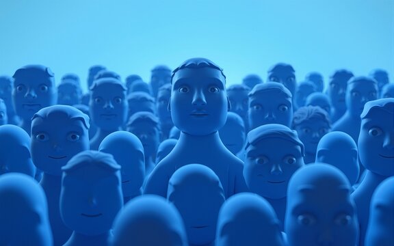 A picture of a large group of blue faces against a blue sky background. This image can be used to represent diversity, community, or a gathering of people. High quality