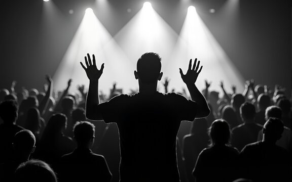 Black and white worship concert photography with crowd and man raising hands in praise and adoration. High quality