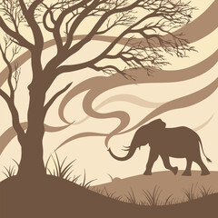 Fototapeta premium Silhouette of an elephant walking under a bare tree in sepia tones Keywords: elephant, savanna
