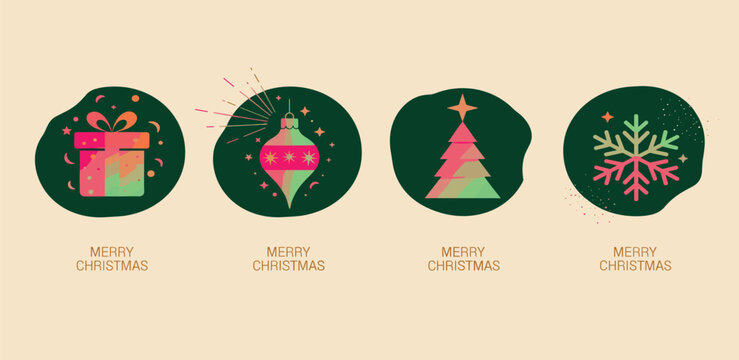 A stylish collection of four green circular icons for the Christmas holiday, featuring a gift, bauble, tree, and snowflake design