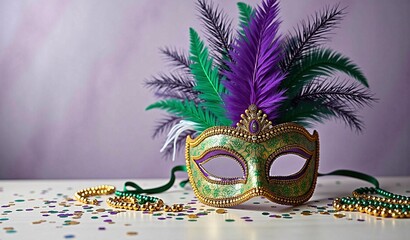 Colorful carnival mask with purple and green feathers and beaded decorations on confetti background