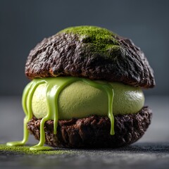 Chocolate Ice Cream Sandwich with Melting Green Matcha Filling