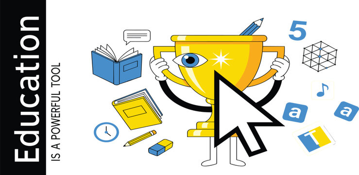 Educational trophy with diploma, books, and pencil, symbolizing success in learning and academic achievement